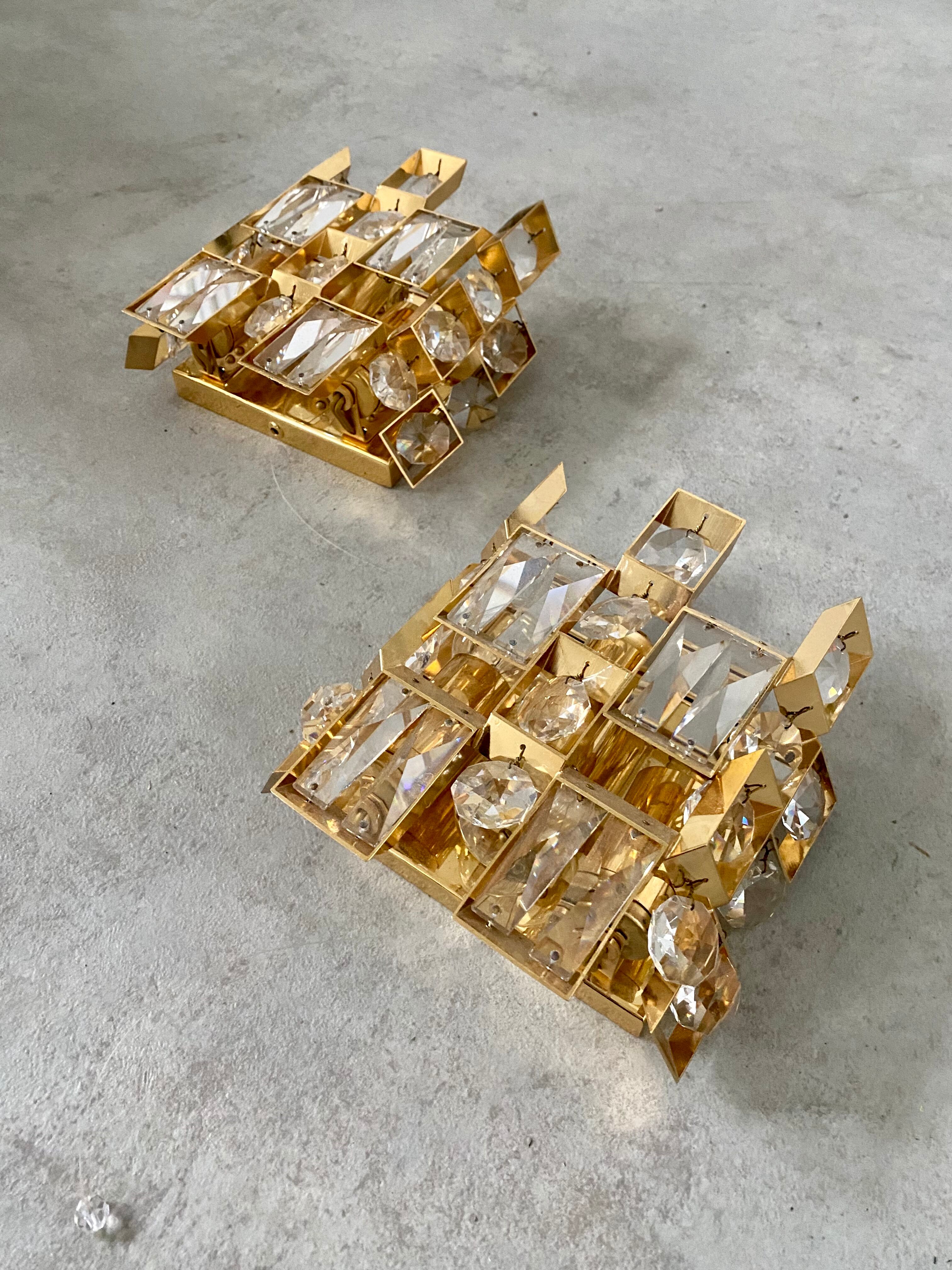 Set of 2 wall lamps gold crystal and brass Palwa Germany 1950