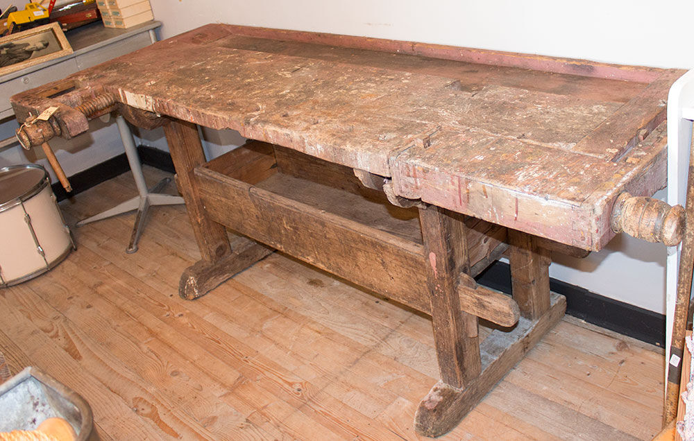 Old solid industrial wooden workbench 2 meters wide