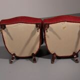 Pair of French red fabric button back armchairs