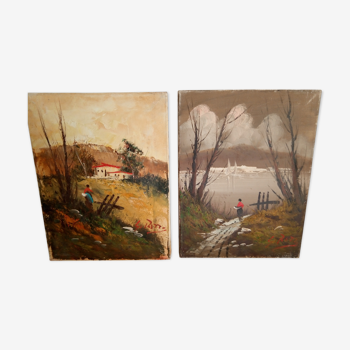 Lot de 2 peintures à l'huile, paysages