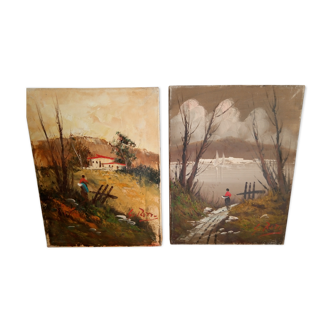 Lot de 2 peintures à l'huile, paysages