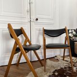 2 folding chairs wood and skaï