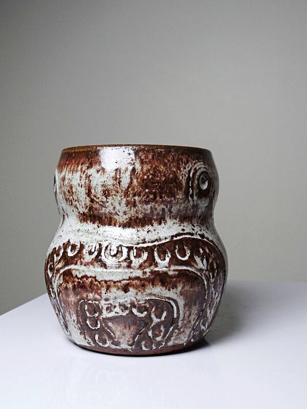 Vase, pot chouette vintage en grès émaillé Alain Granet, Vallauris années 1960-1970