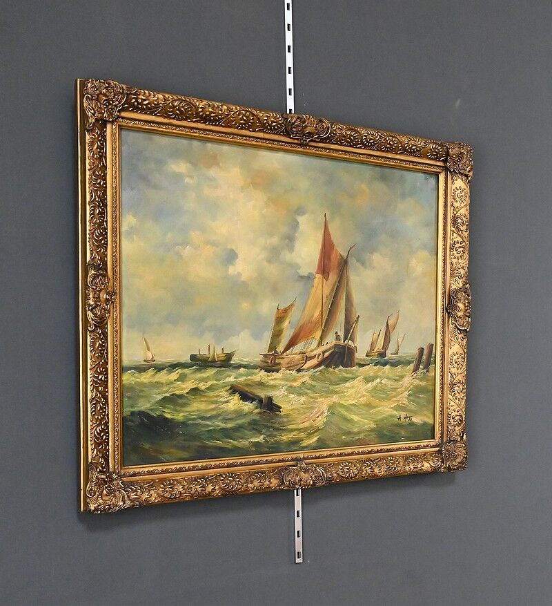 Tableau "Sailboats in Rough Seas" signed Albert Hess – Mid 20th century