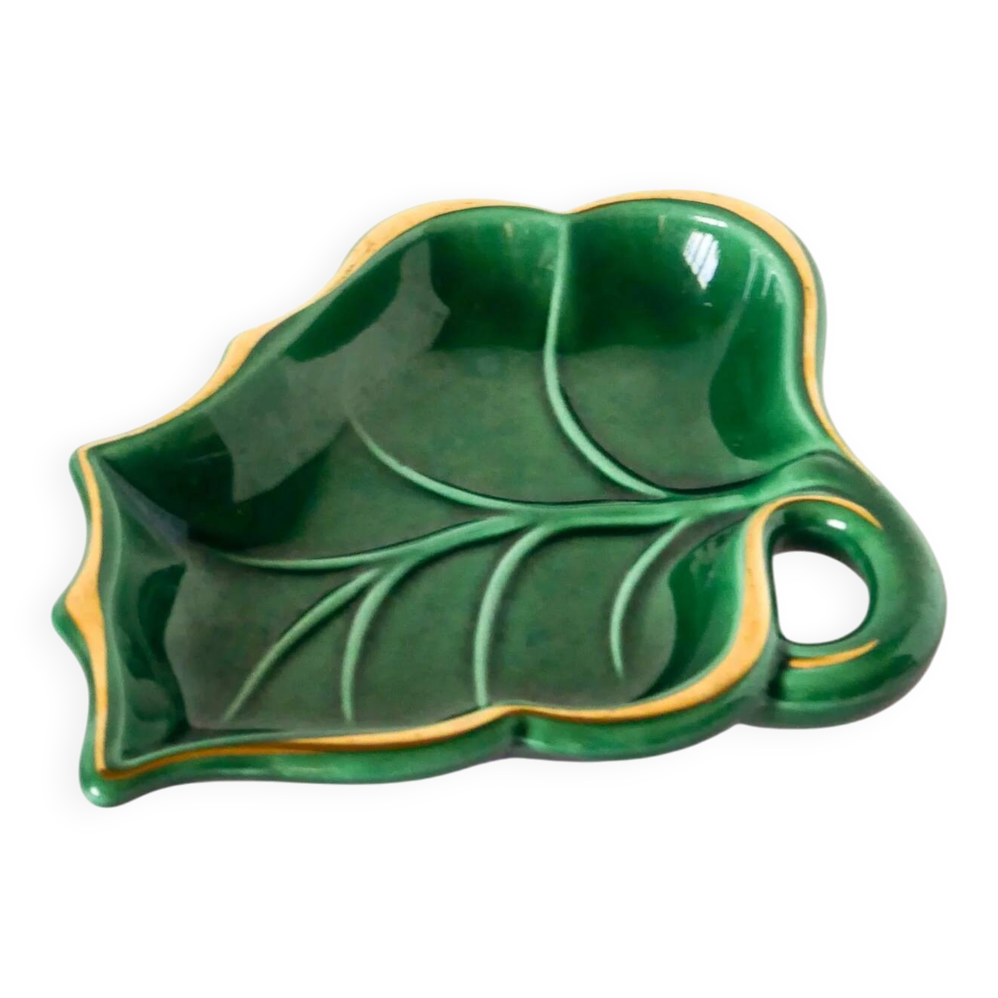 Leaf-shaped earthenware catchall, green and gold, 1970.