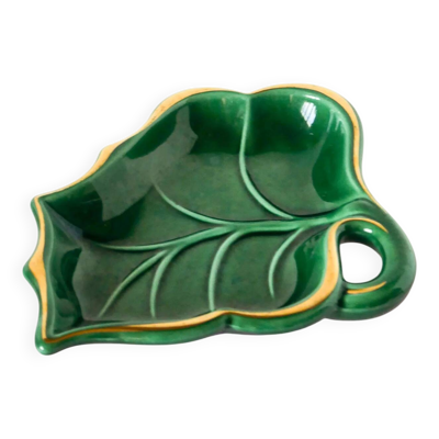 Vide-poche en barbotine forme feuille, vert et doré, 1970