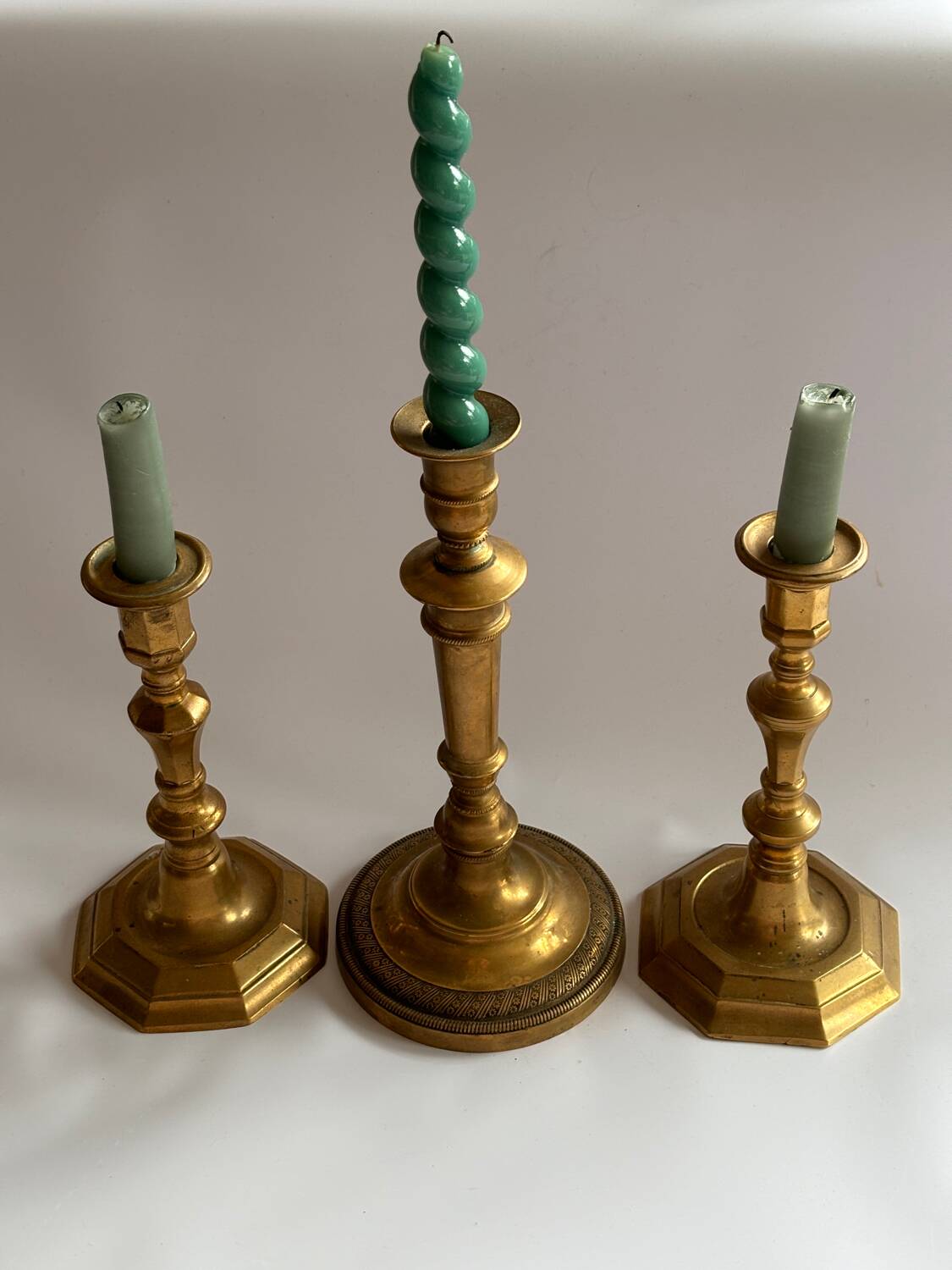 Set of 3 bronze and brass candlesticks, 19th century