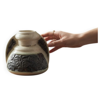 Vase à oreilles en faience craquelée art déco - Roses noires