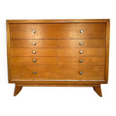 Vintage 1950s oak commode with tapered legs.