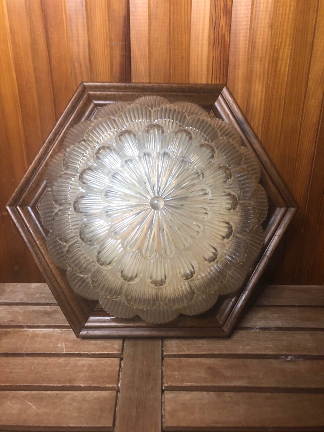 Old Gold Molded Glass Pendant Light + Vintage Wood Contour #A360