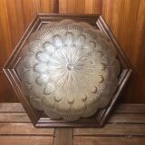 Ancienne Suspension Verre Moulé Doré + Contour Bois Vintage #A360