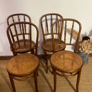 Set of 4 vintage Fischel bistro chairs in curved wood and cane