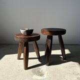 Tripod stool in upcycled teak, low flat - Small tripod stool in brown solid wood, circular seat