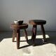Low flat tripod stool in upcycled teak - Small tripod stool in solid brown wood with a circular seat.