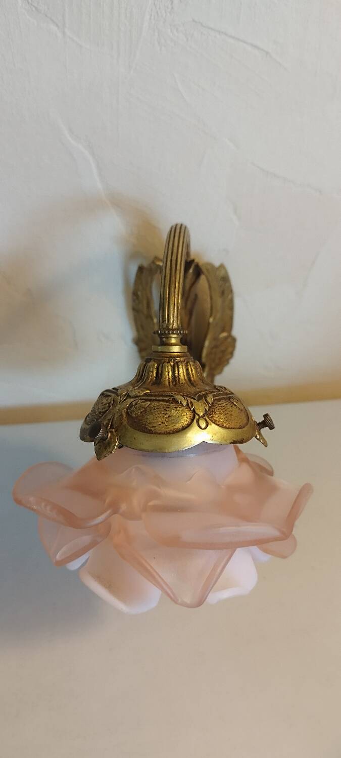 Pair of bronze swan and pink tulip wall lights in glass paste