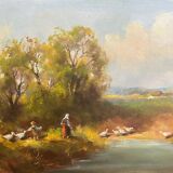 HSP painting "Landscape with shepherdess and child with geese" signed 20th century