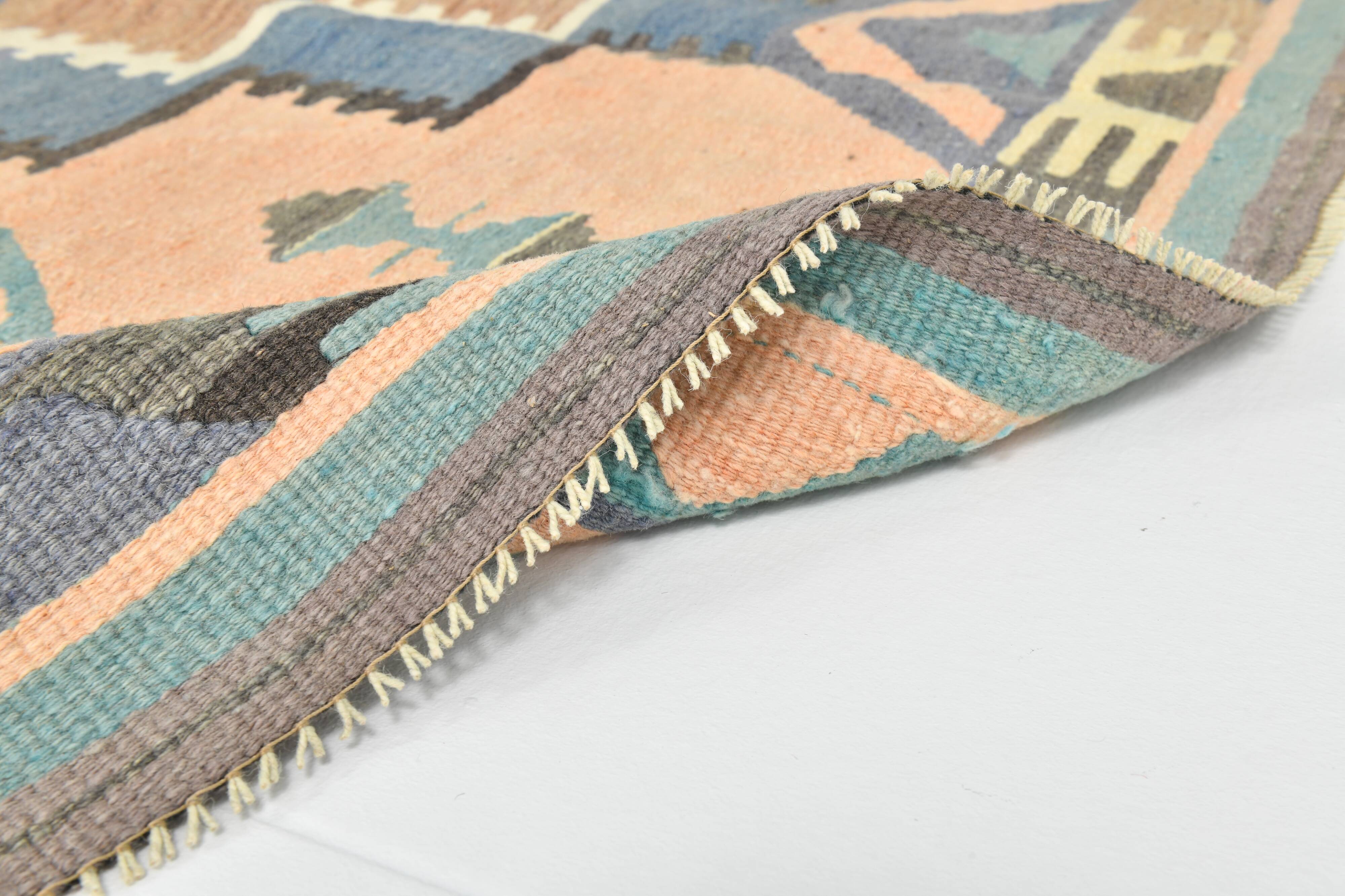 Faded Blue & Soft Peach Long Wide Handmade Kilim Rug, 168x296 Cm