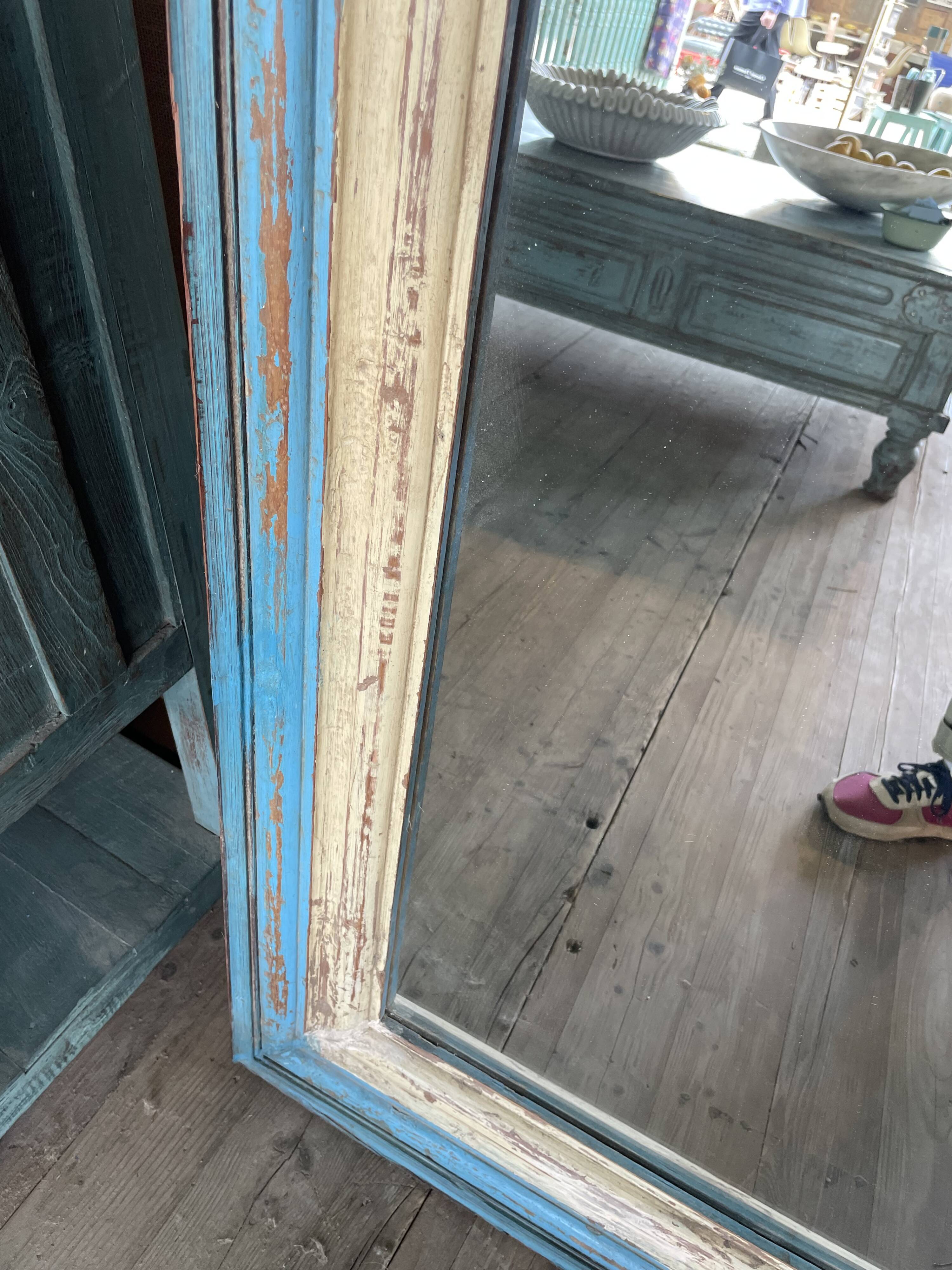 Large beige and blue teak mirror