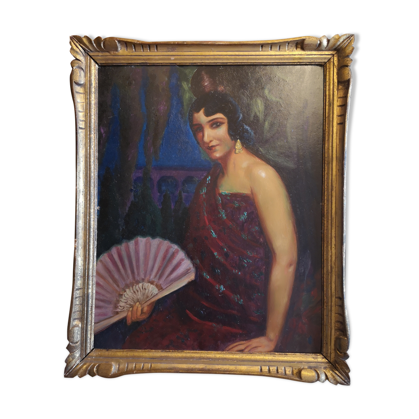 Oil on cardboard painting - Spanish with a fan - 1st half 20th