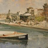 Italian signed landscape painting view of river with boats