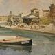Italian signed landscape painting view of river with boats