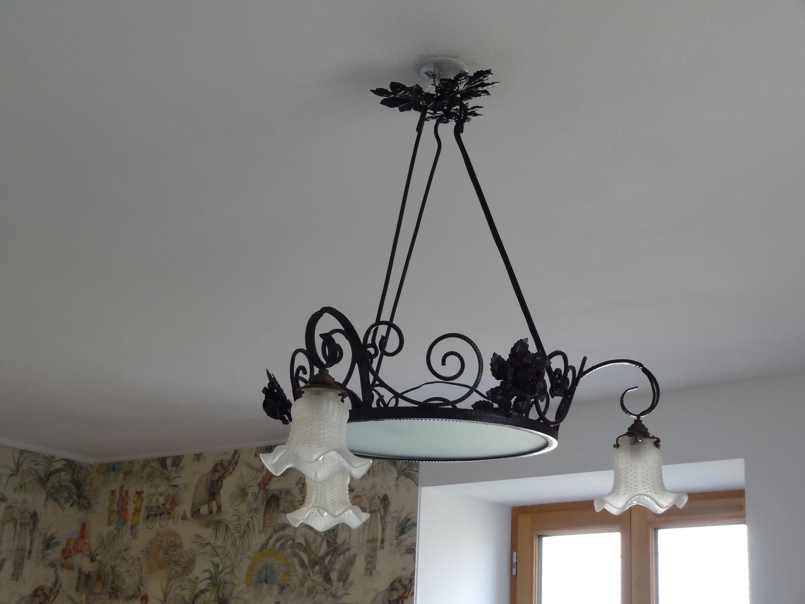 iron and opalin glass hanging lamp