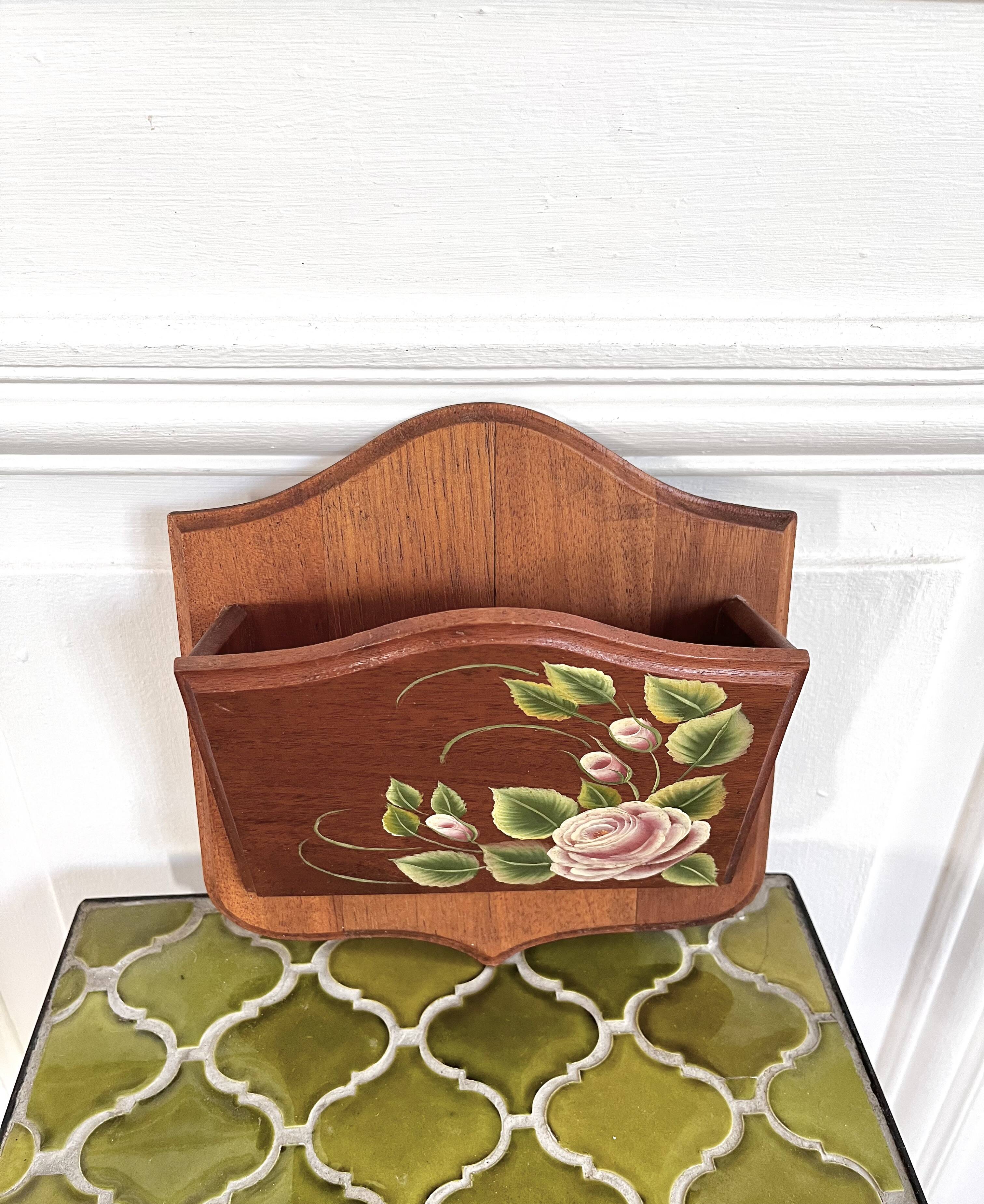 Wooden letter mail holder decorated with roses