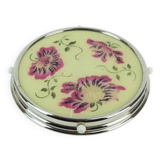1930s rotatable cake platter glass chrome with pink and purple flower decor