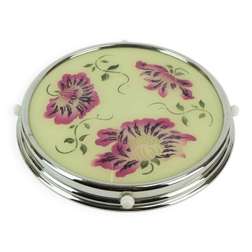 Platine à gâteau rotatif en verre chromé des années 1930 avec décor de fleurs roses et violettes.