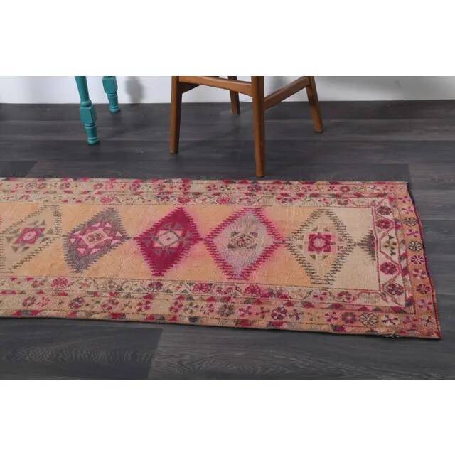 Vintage Turkish Hand-Knotted Wool Cotton Orange Runner Rug 85x344