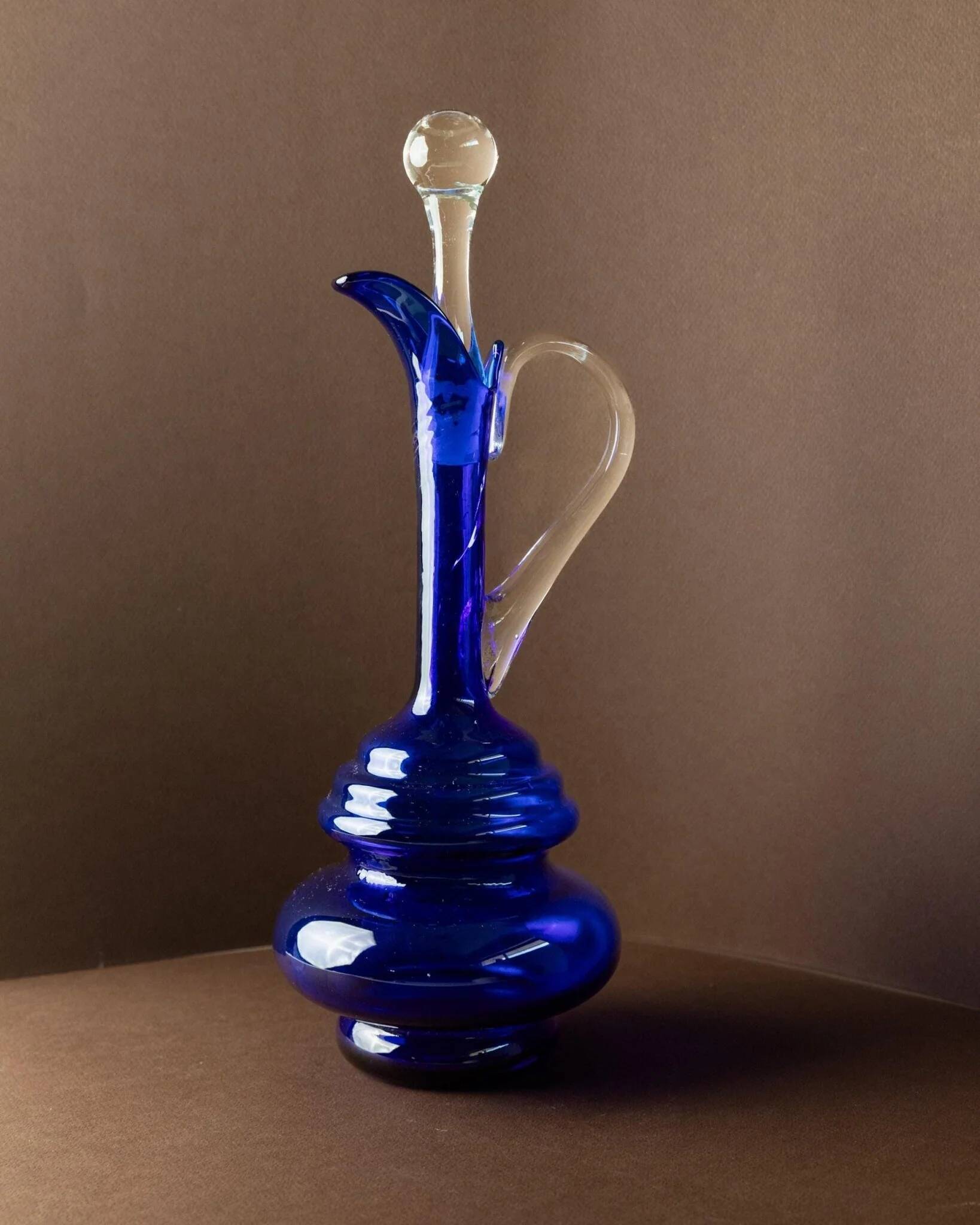 Murano cobalt blue glass carafe with clear handle and stopper - 1960s Italy, vintage mid-century design