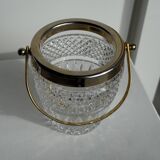 Small golden glass ice bucket with diamond point design and its scoop.