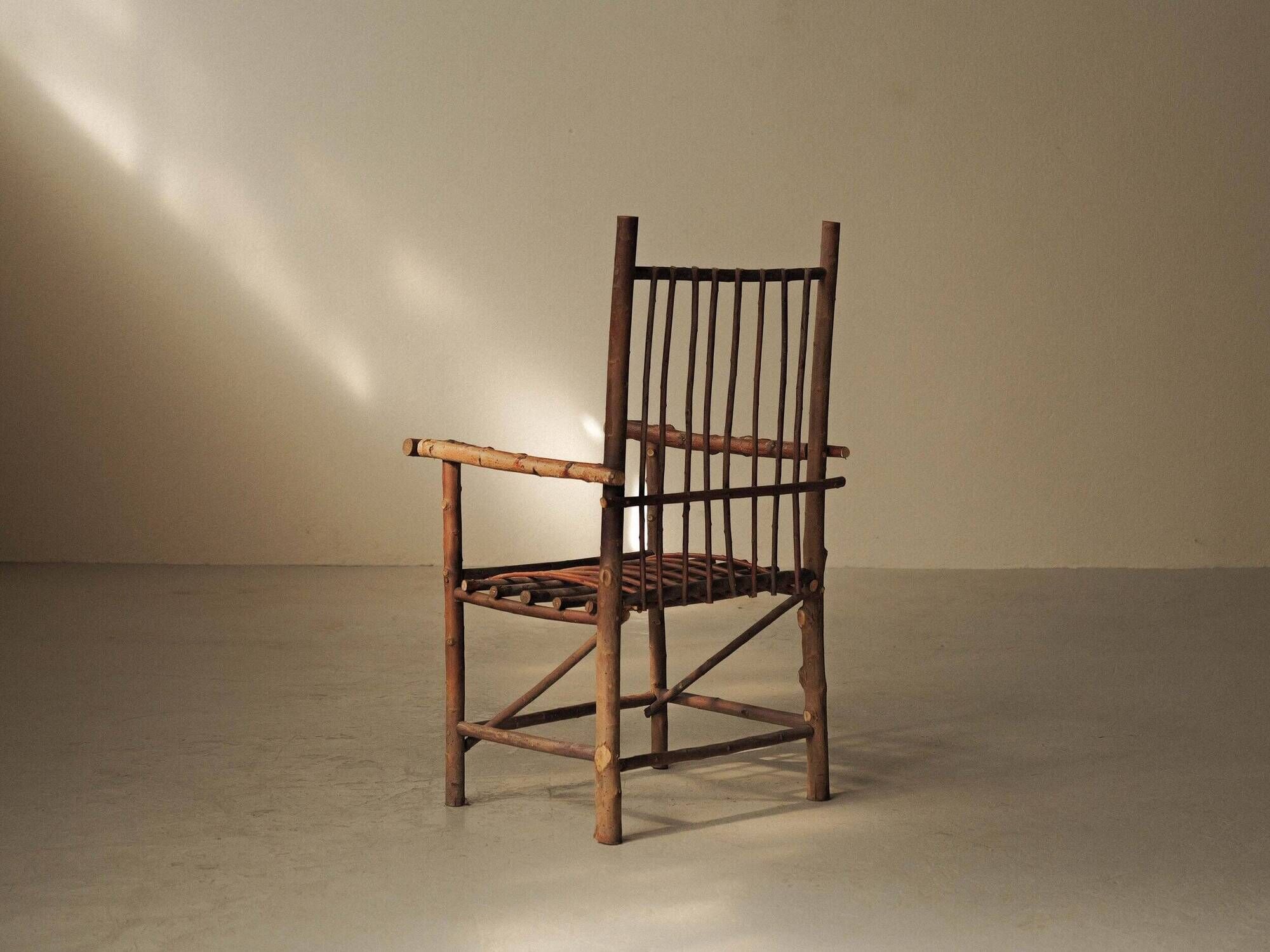Brutalist armchair made of hazel branches, circa 1970.