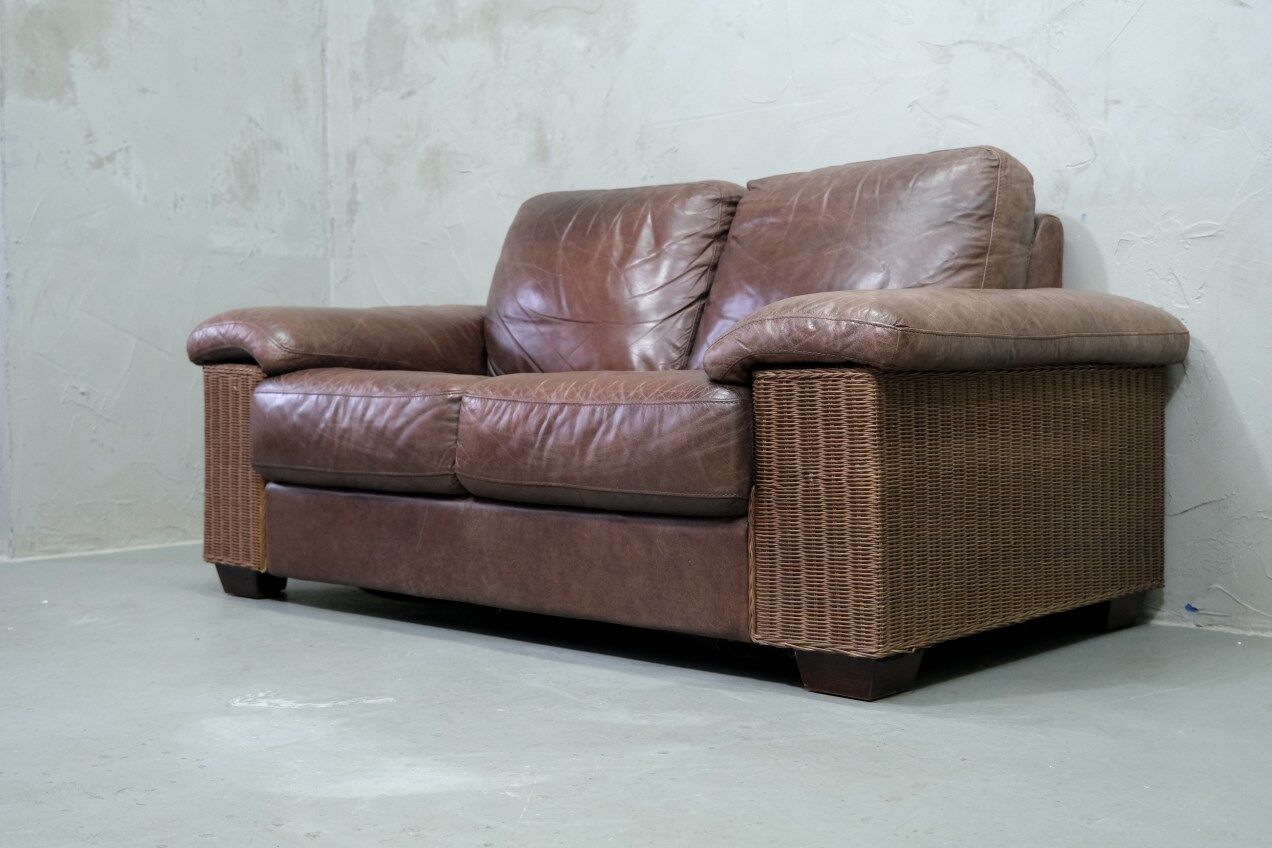 Italian Rattan and Leather Sofa, 1970s
