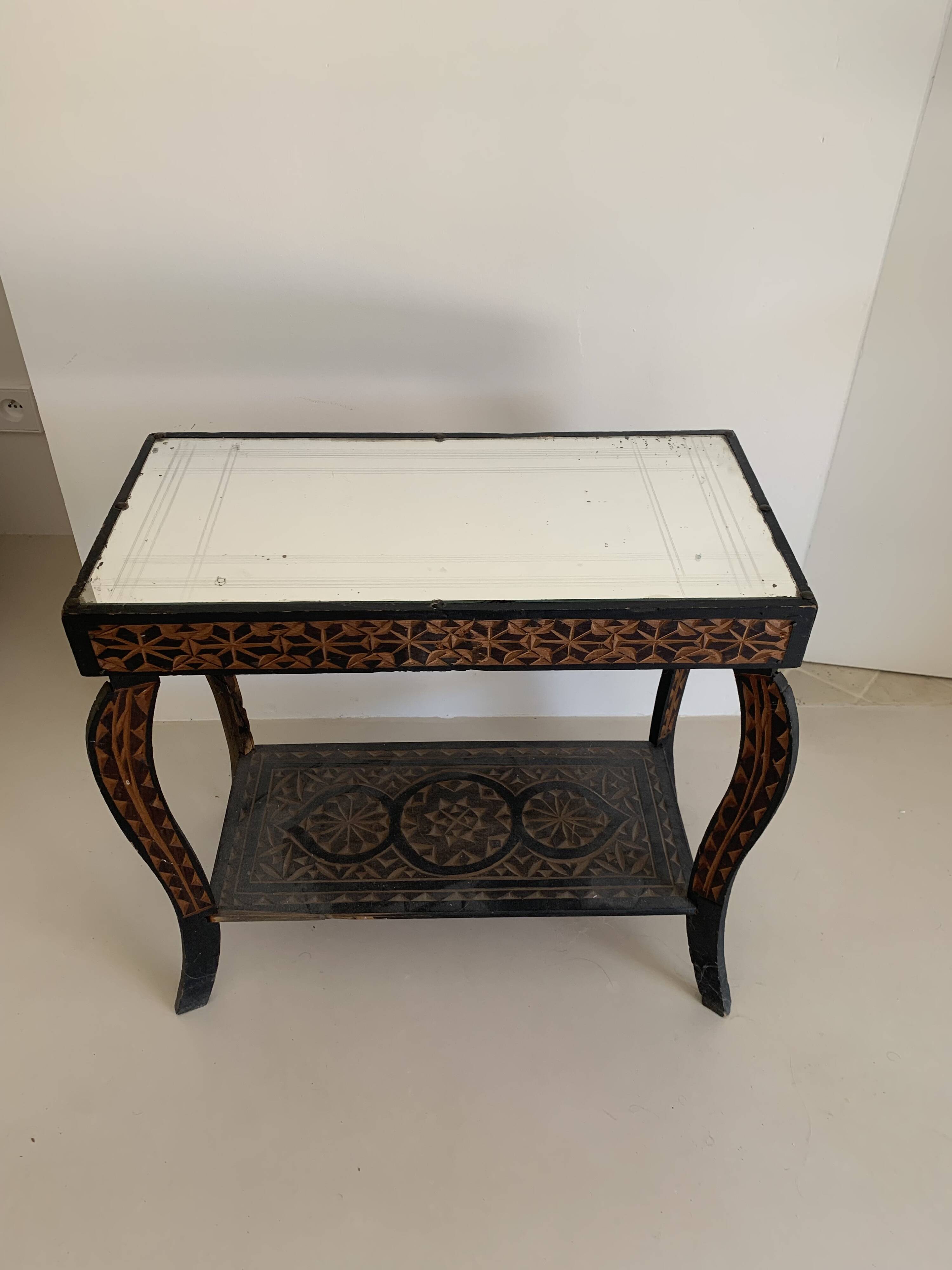 Guéridon vintage 1970 artisanat fait main miroir oriental - 60 x 30 cm
