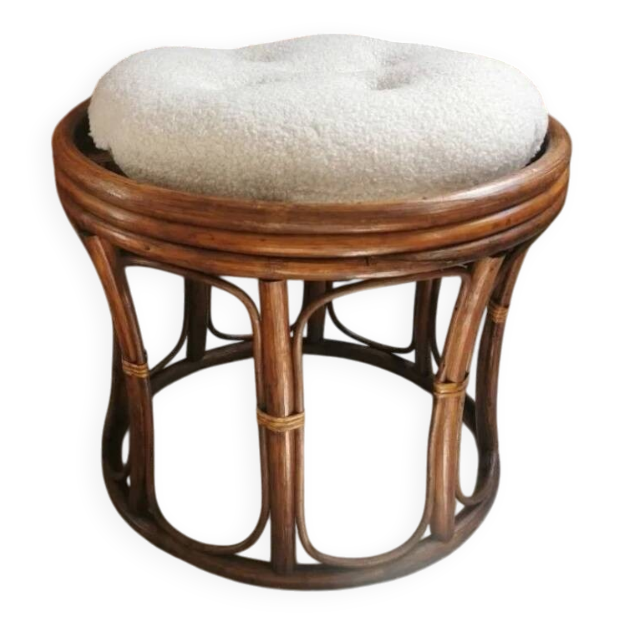 Vintage 70s rattan pouf stool with terry cushion