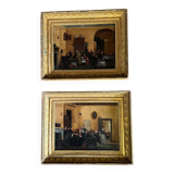 Pair of paintings, animated family scenes, oils on canvas, early 19th century