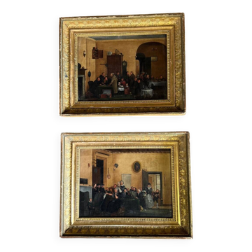 Paire de tableaux, scènes familiales animées, huiles sur toile, début XIXèm