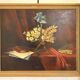 Old painting still life feather violin book lamp flowers