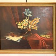 Ancien tableau peinture Nature Morte Plume violon Livre Lampe Fleurs