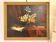 Old painting still life feather violin book lamp flowers