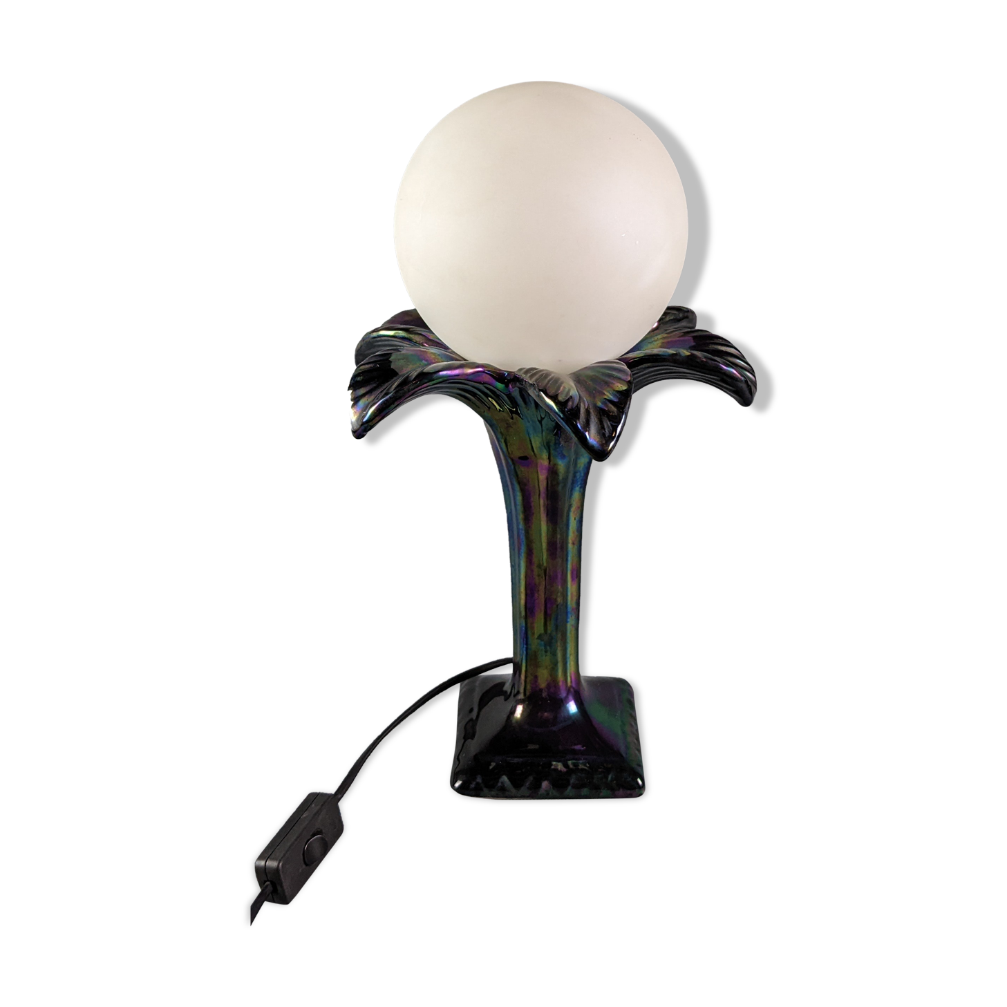 Ceramic lamp palm globe, Italian design 70-80, iridescent blue ceramic, white globe