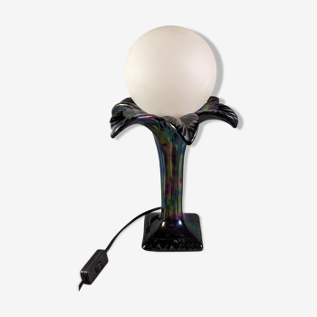 Lampe céramique palmier globe, design italien 70-80, céramique bleu irisé, globe blanc