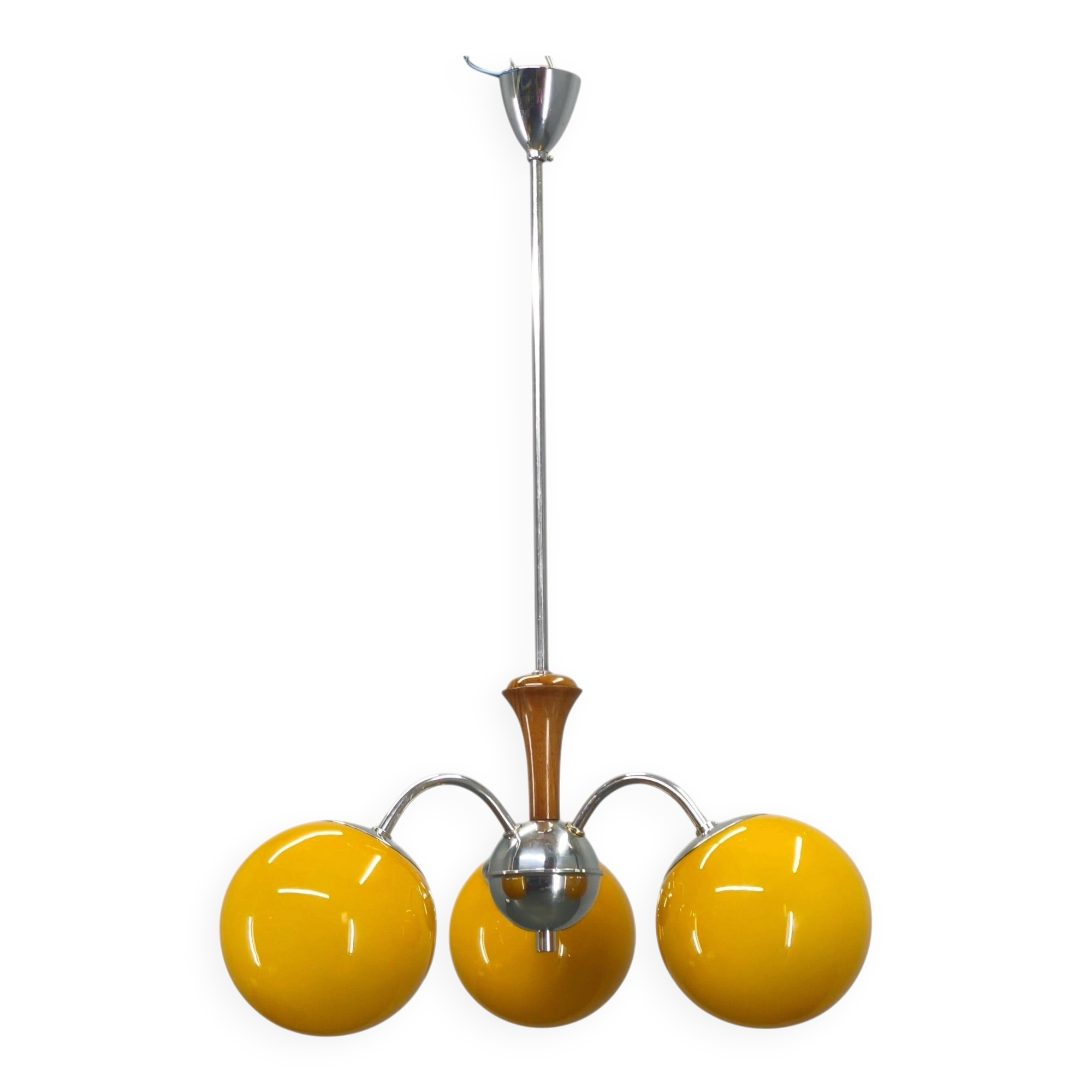 Bauhaus Chandelier with Colored Glass Globes, Czechoslovakia, 1930s