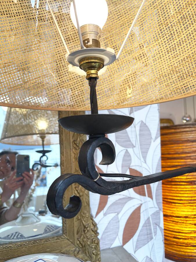 Wrought iron and cane floor lamp, 1970