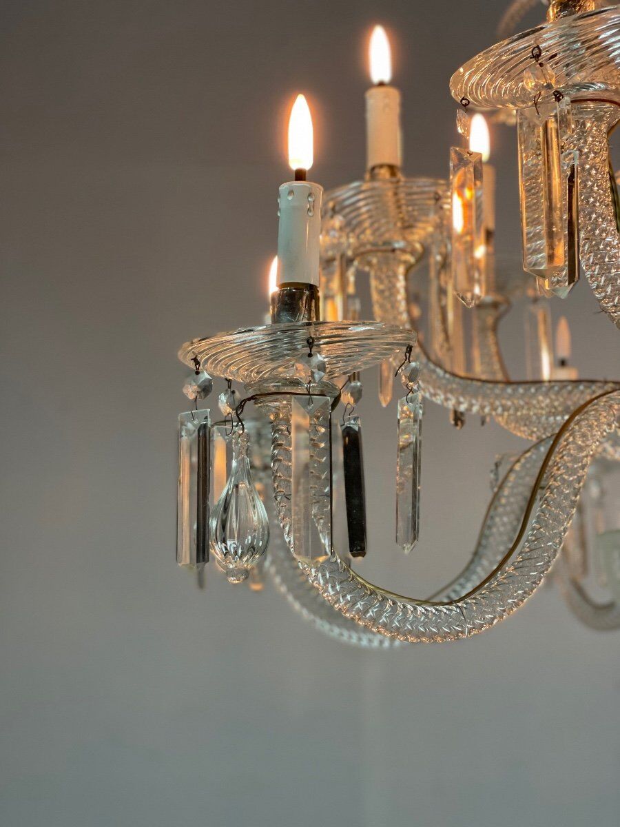 Transparent blown and pinched glass chandelier trimmed with crystals, austria circa 1920