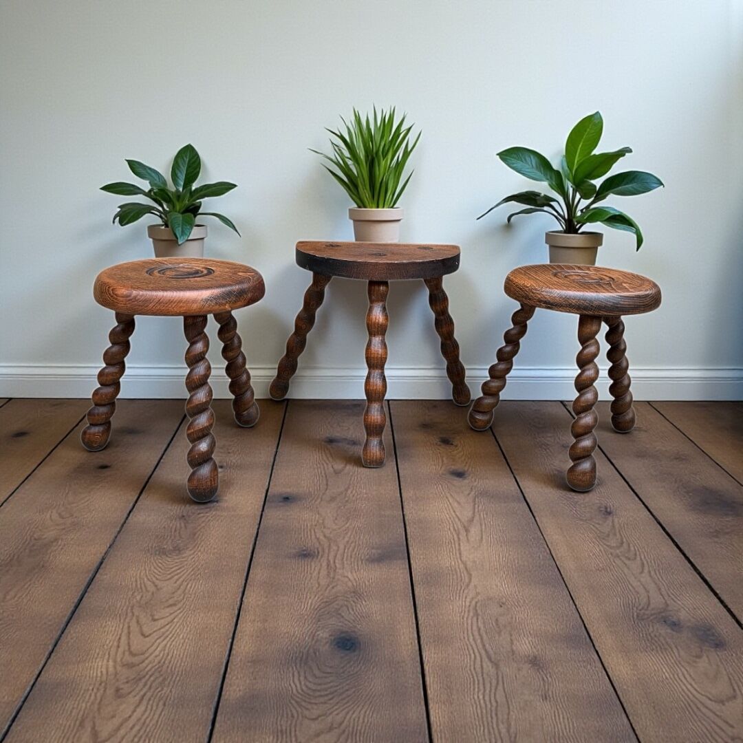 3 vintage turned wood stools