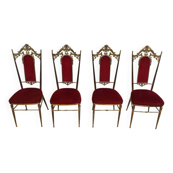 Suite de 4 chaises en laiton et velours rouge