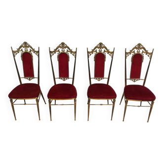 Set of 4 chairs in brass and red velvet.