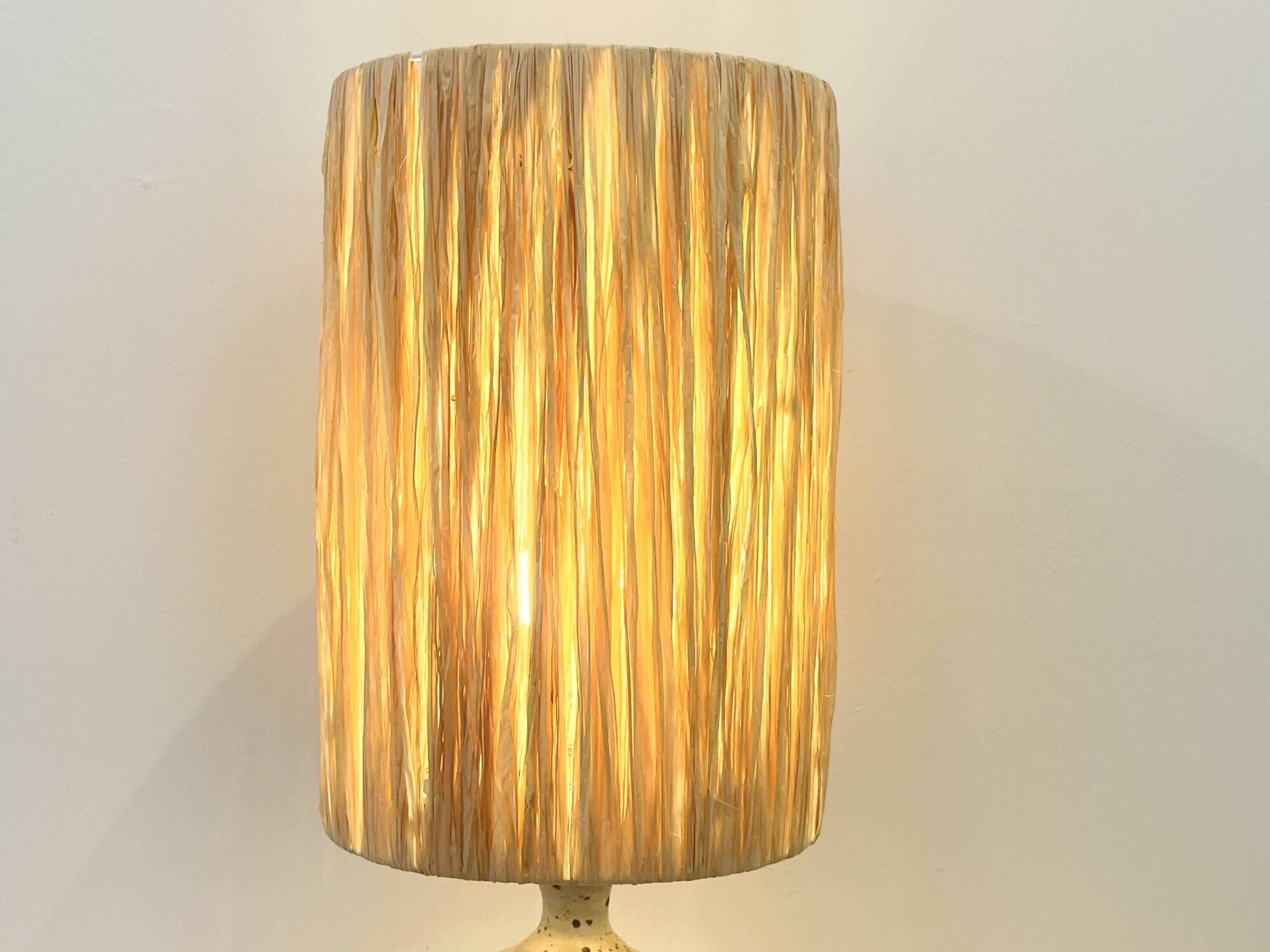XXL Vintage Lamp Base in Beige Grey Stoneware with Raffia Lampshade 1970